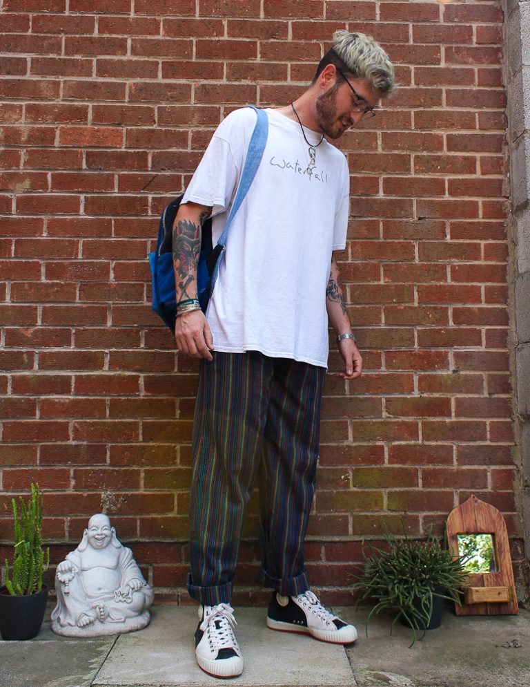 Mens Rainbow Peace Flared Trousers Woven Fabric