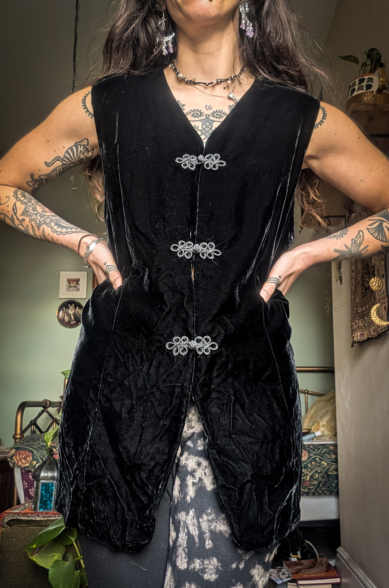 Vintage Long Black Velvet Waistcoat - Image 5