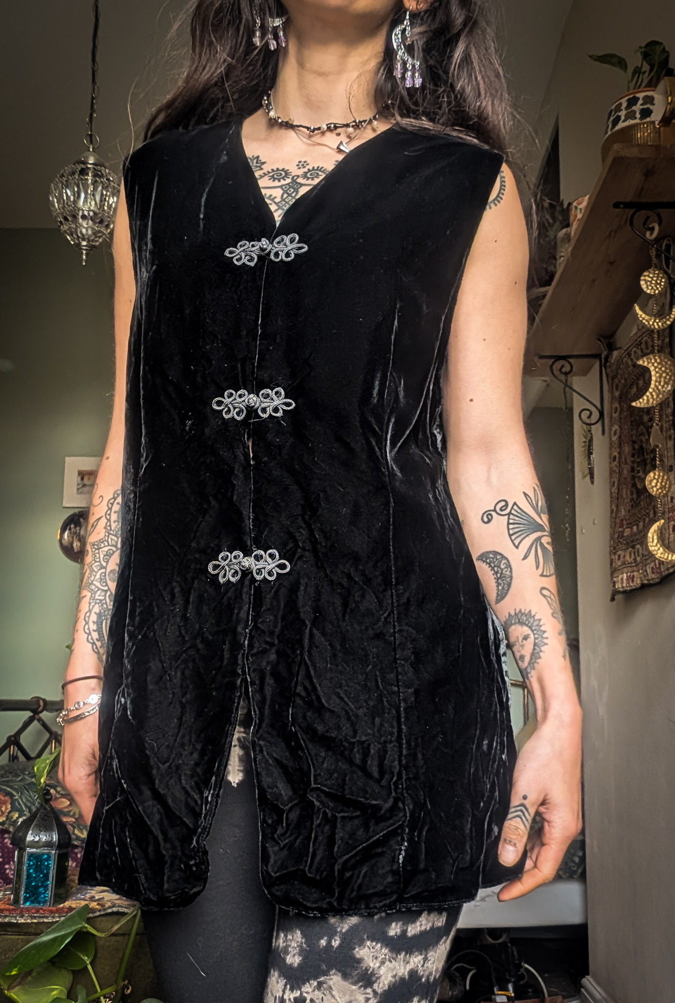 Vintage Long Black Velvet Waistcoat - Image 2