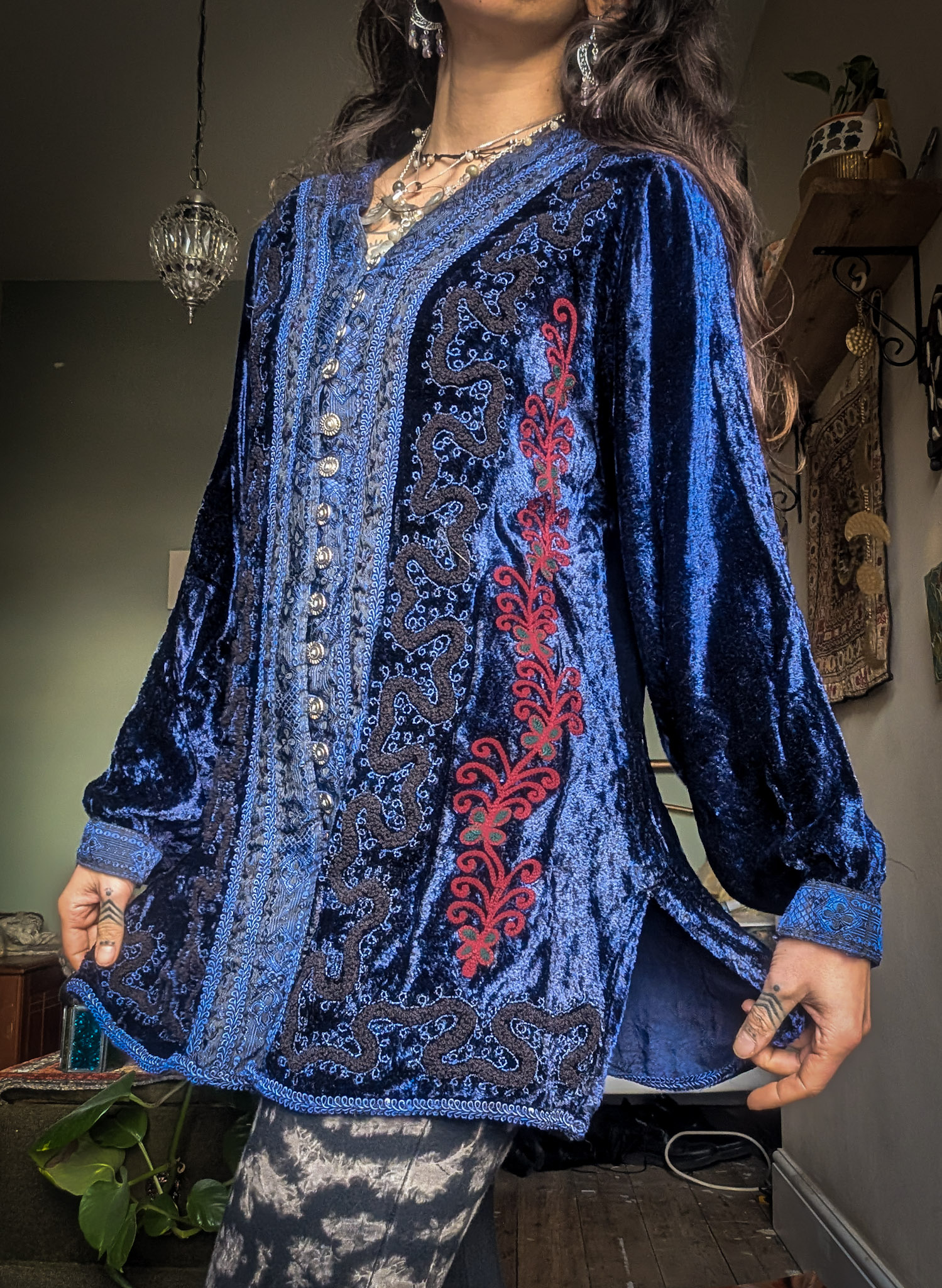 Vintage Blue Embroidered Velvet Top