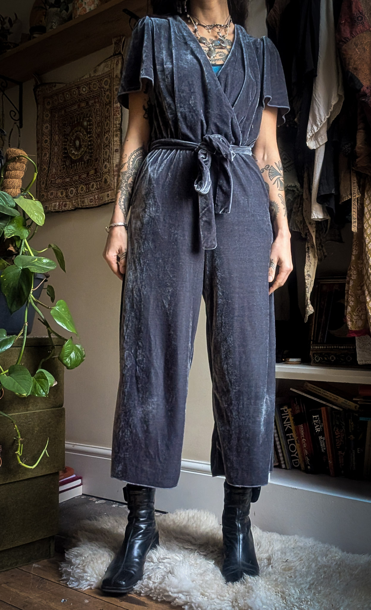 Preloved Grey Velvet Jumpsuit - Image 2
