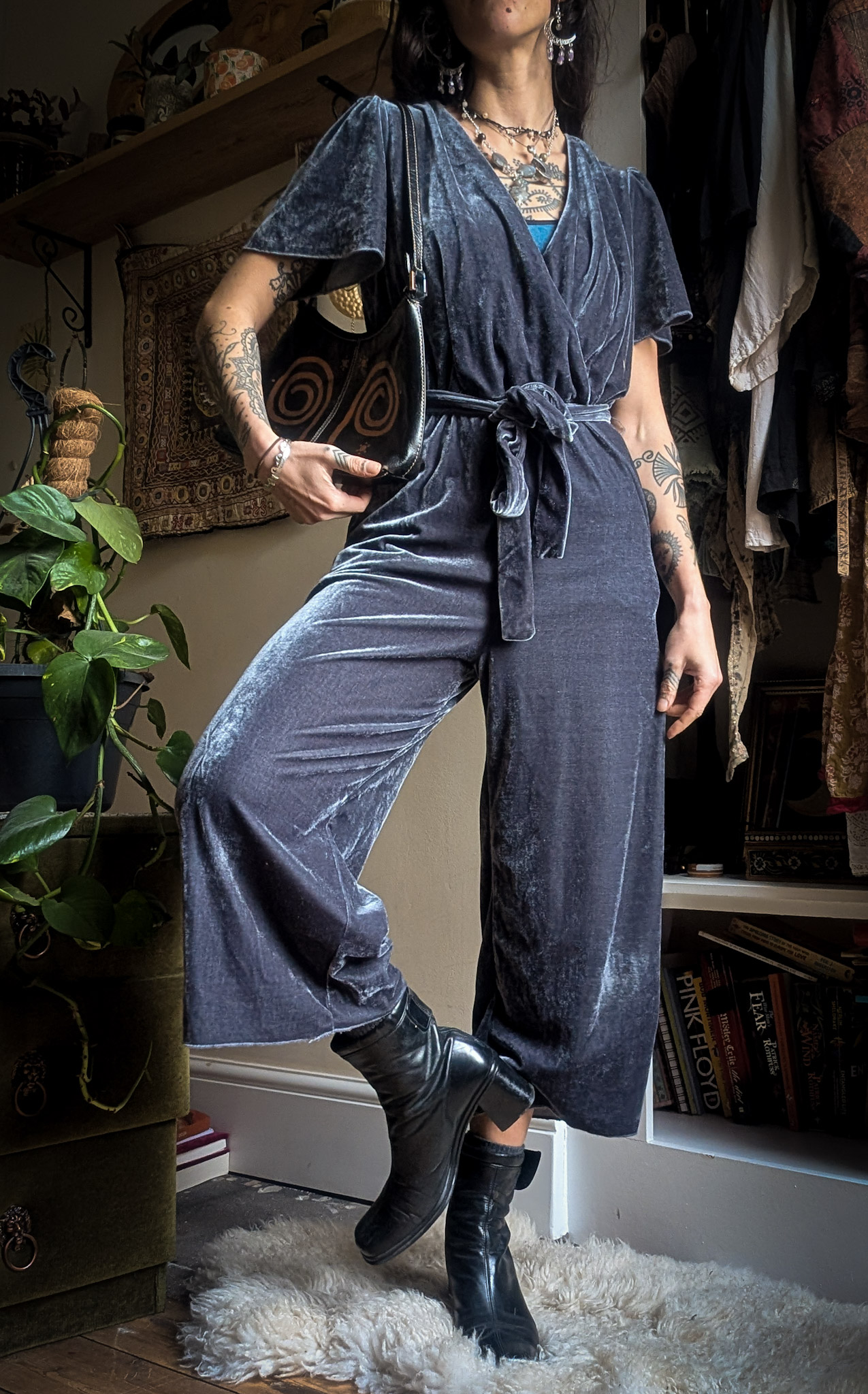 Preloved Grey Velvet Jumpsuit