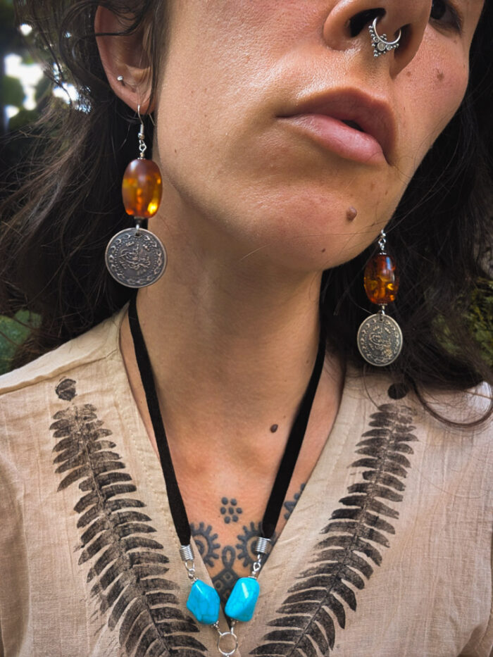 Bohemian Faux Amber Coin Earrings - Image 2