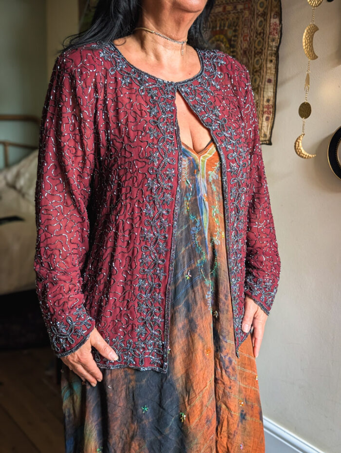 Vintage Maroon Beaded Jacket - Image 2