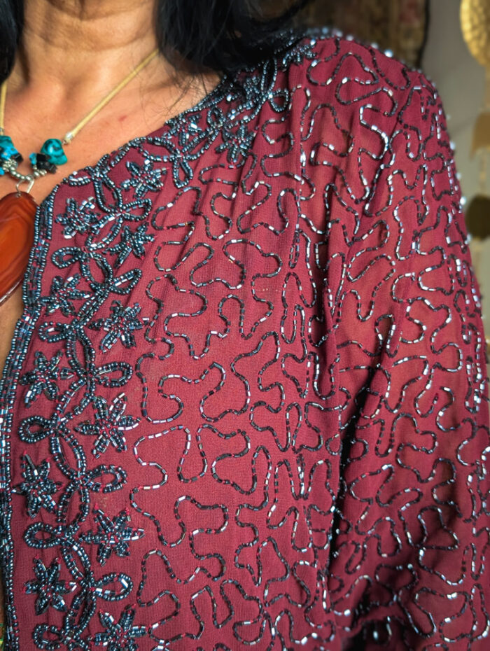 Vintage Maroon Beaded Jacket - Image 4