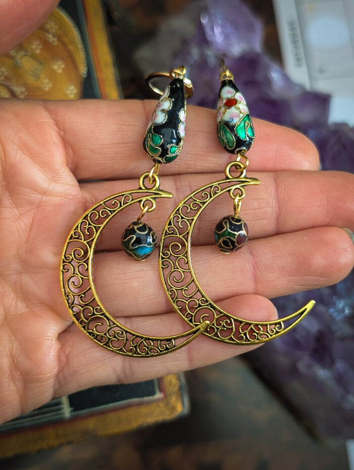 Cloisonne Gold Moon Earrings