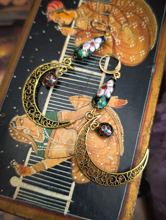 Cloisonne Gold Moon Earrings - Image 5