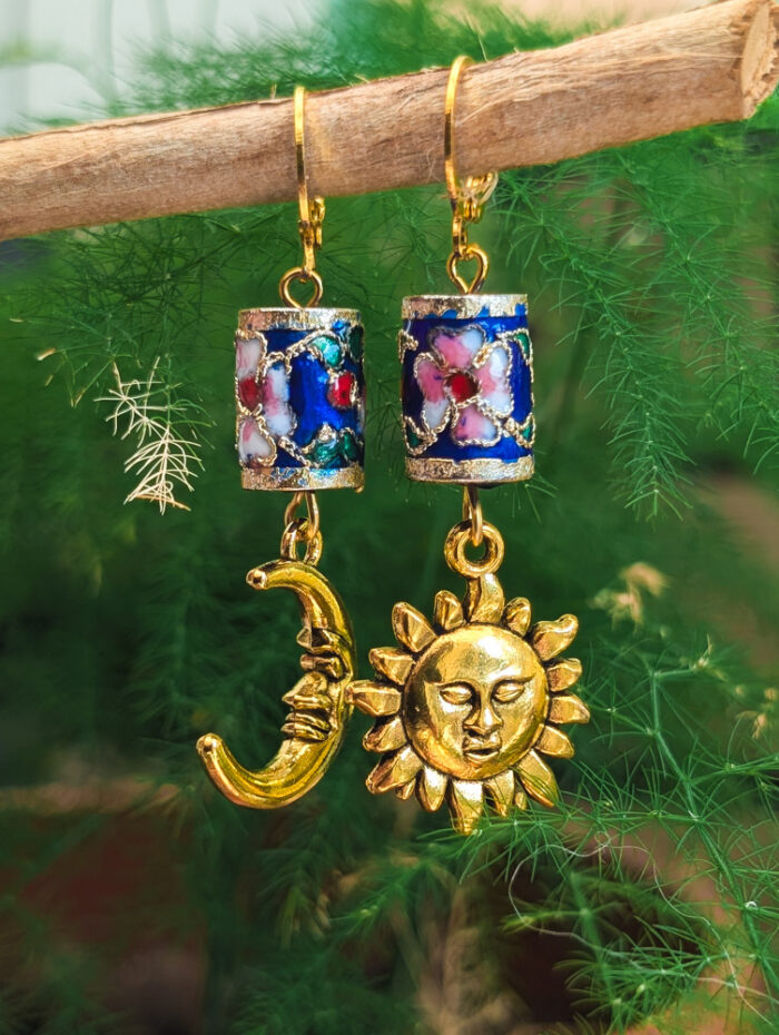 Blue Cloisonne Sun & Moon Earrings