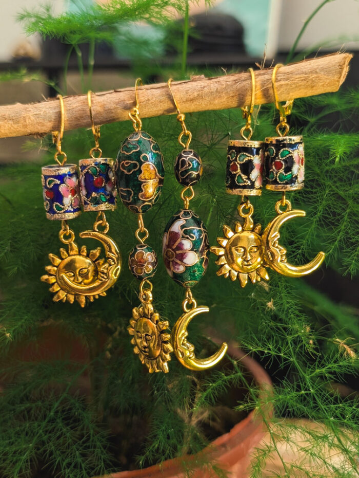 Blue Cloisonne Sun & Moon Earrings - Image 7