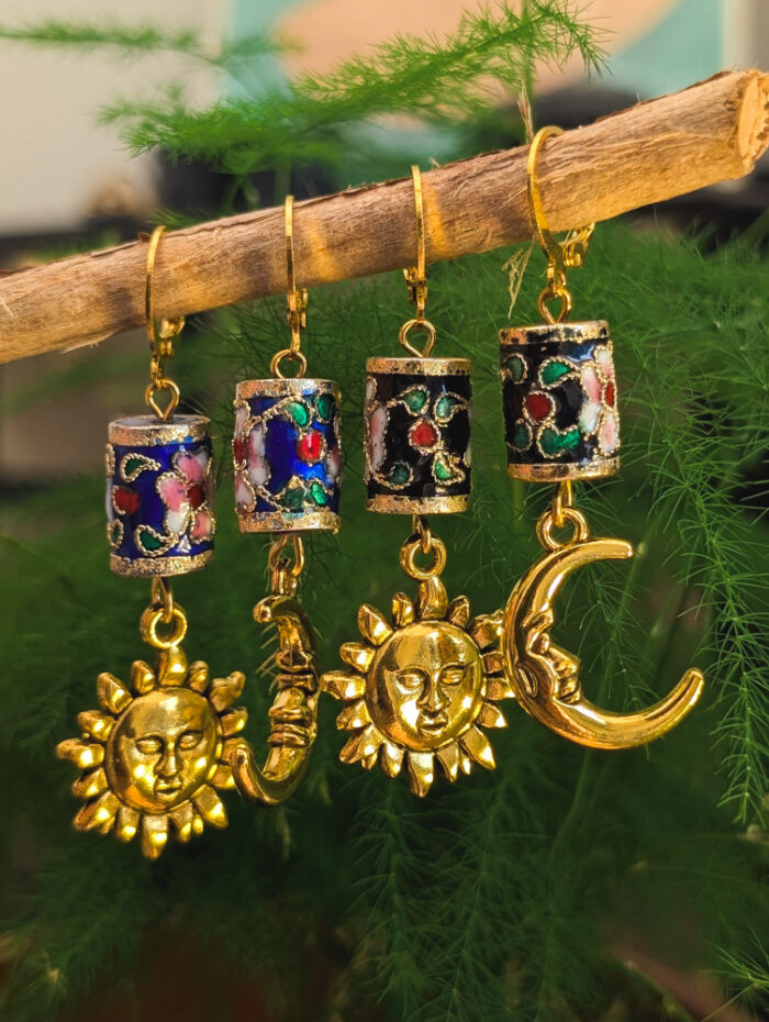 Blue Cloisonne Sun & Moon Earrings - Image 3