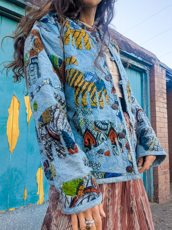 Vintage Blue Elephant Patchwork Jacket - Image 3