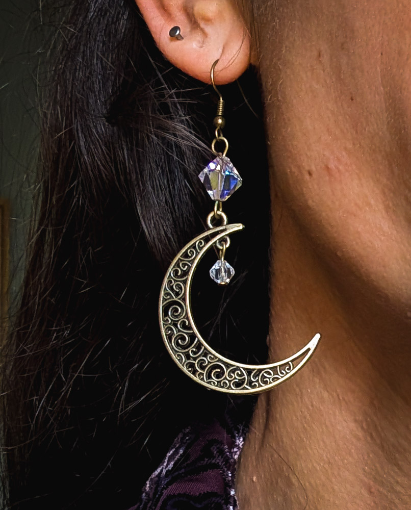 Bronze & Crystal Crescent Moon Earrings - Image 3