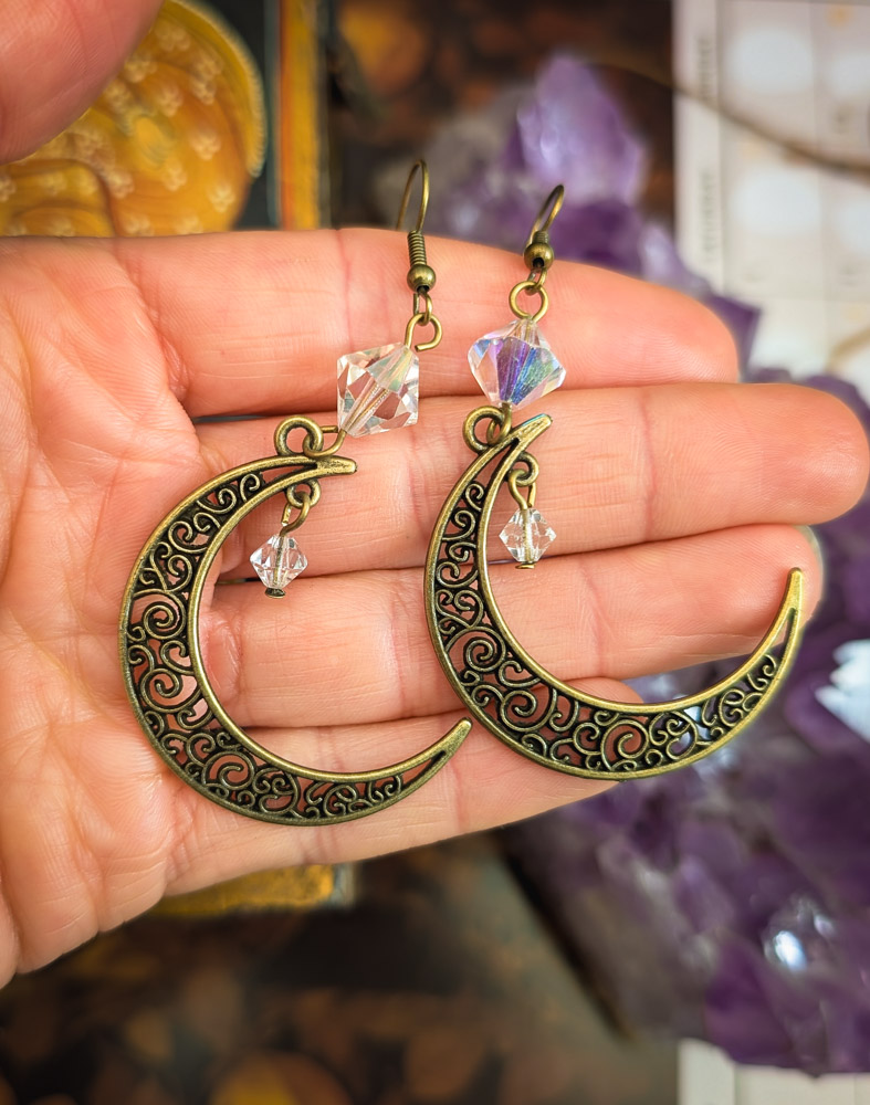 Bronze & Crystal Crescent Moon Earrings - Image 4
