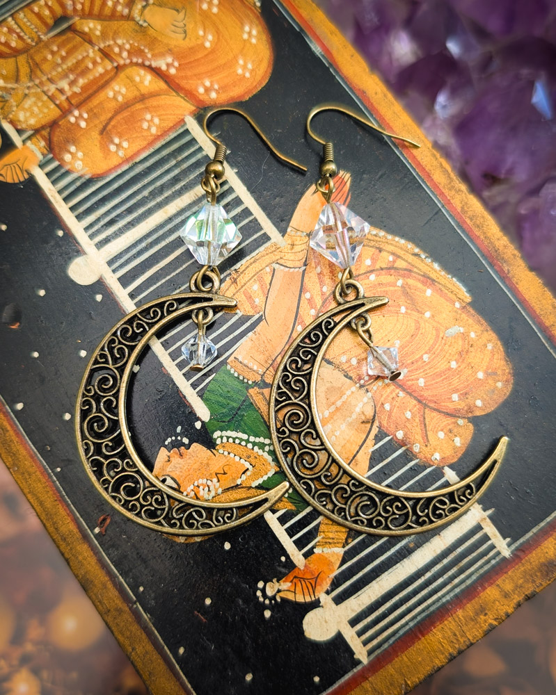 Bronze & Crystal Crescent Moon Earrings