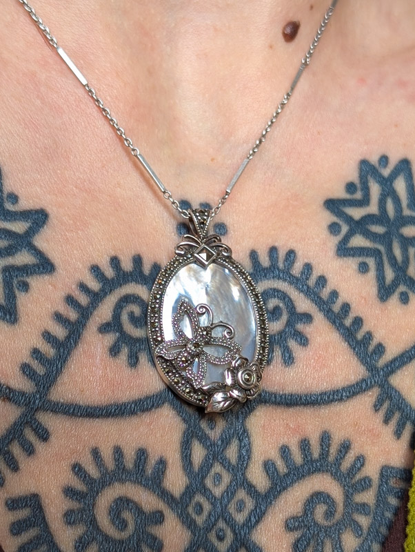 Vintage Silver Butterfly Shell Pendant - Image 2