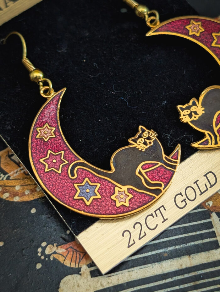 Vintage Cloisonne Cat Moon Earrings - Image 2