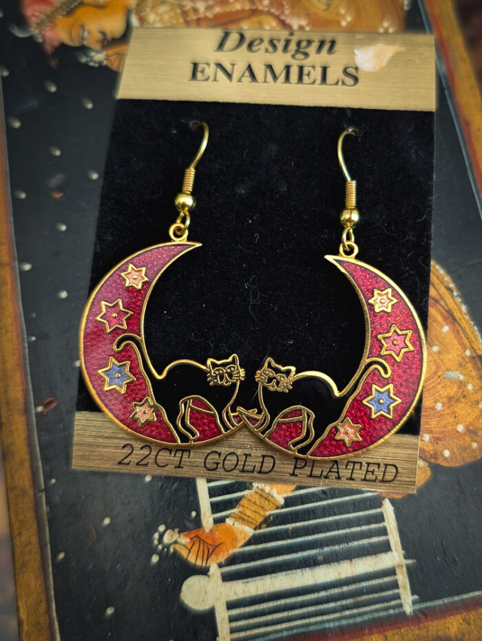 Vintage Cloisonne Cat Moon Earrings