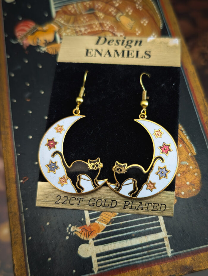 Vintage Cloisonne Cat Moon Earrings - Image 2