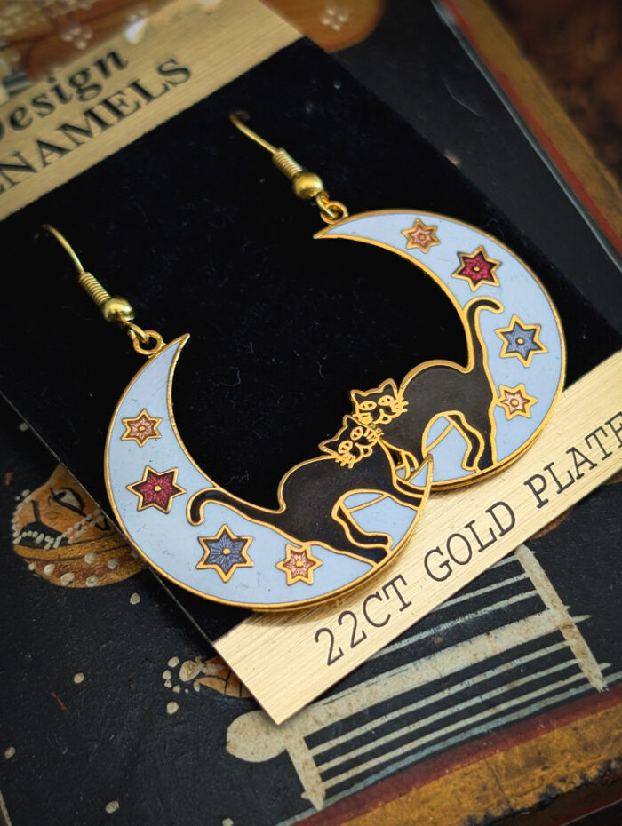 Vintage Cloisonne Cat Moon Earrings