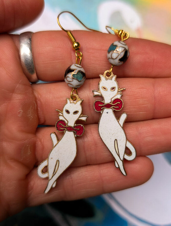 Vintage White Cloisonne Cat Earrings