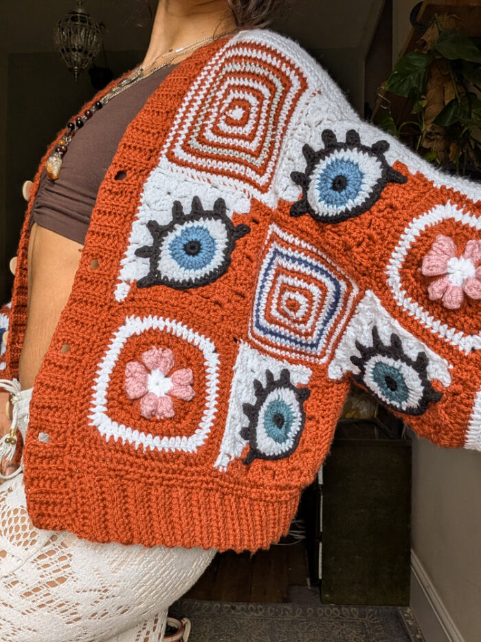 Preloved Crochet Patchwork Eye Cardigan - Image 2