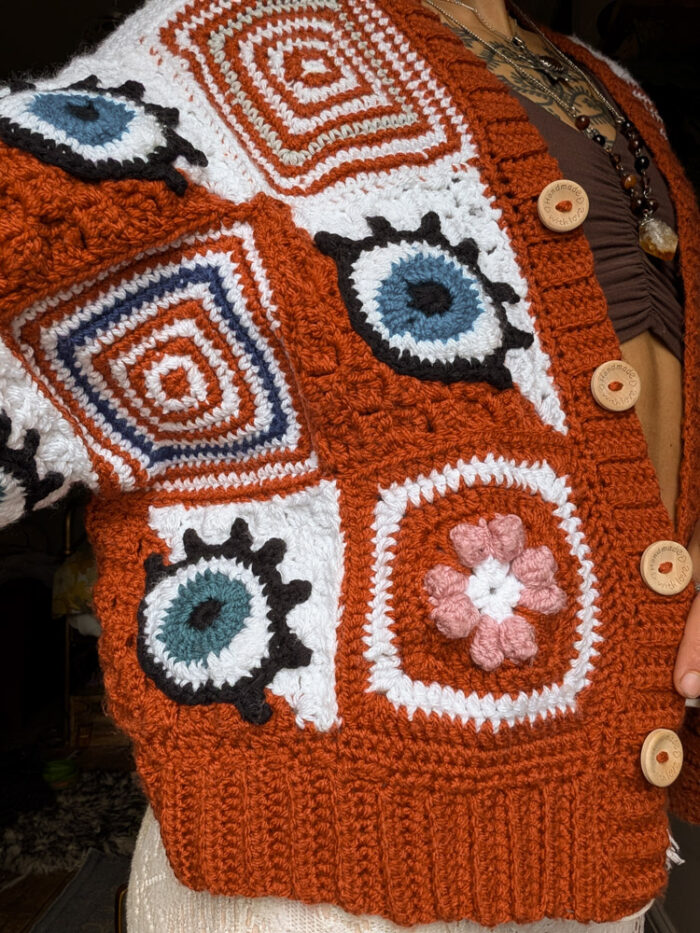Preloved Crochet Patchwork Eye Cardigan - Image 3