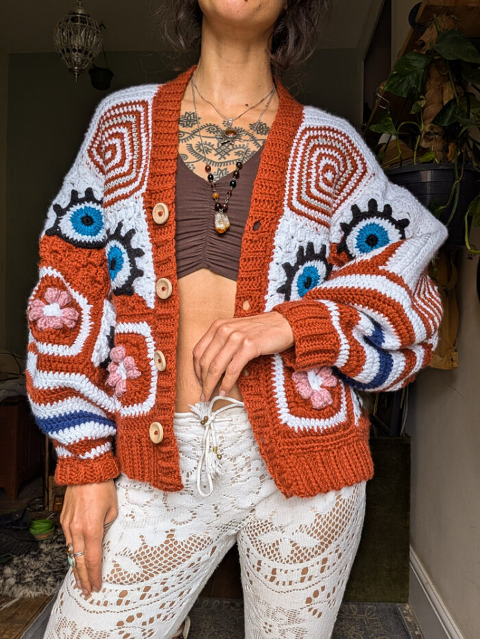 Preloved Crochet Patchwork Eye Cardigan - Image 5