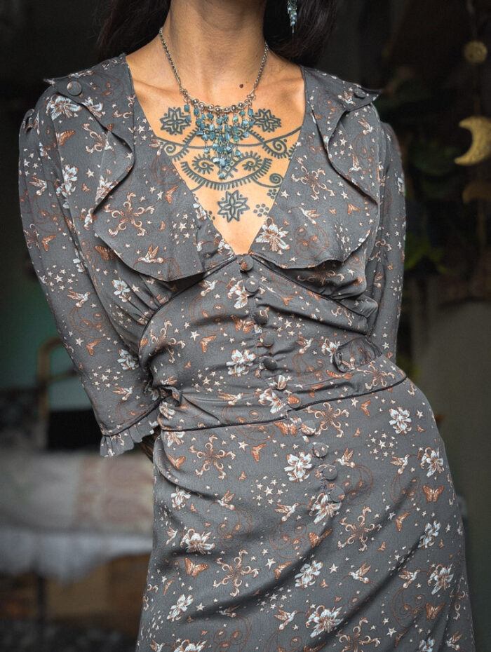 Preloved Grey Bird Print Dress