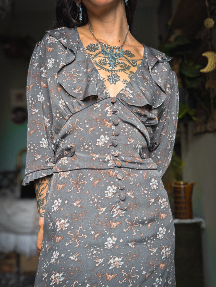 Preloved Grey Bird Print Dress - Image 6