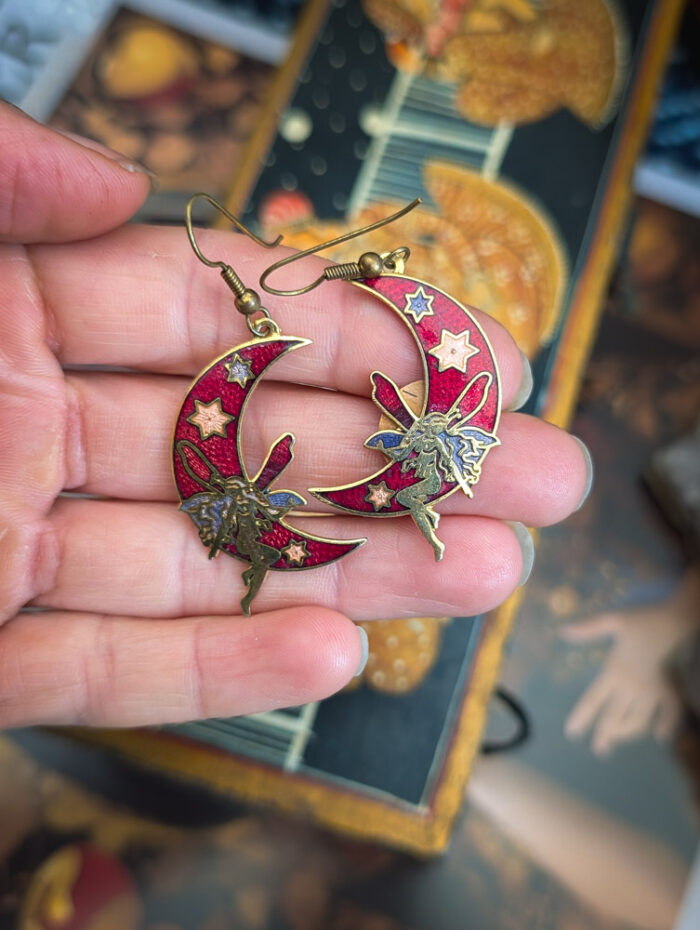 Vintage Cloisonne Fairy Moon Earrings - Image 2