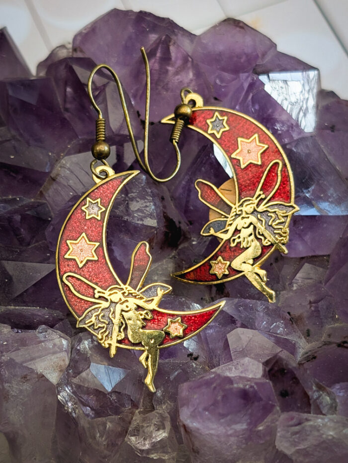 Vintage Cloisonne Fairy Moon Earrings