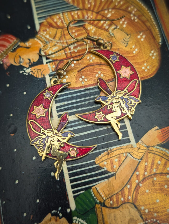 Vintage Cloisonne Fairy Moon Earrings - Image 4