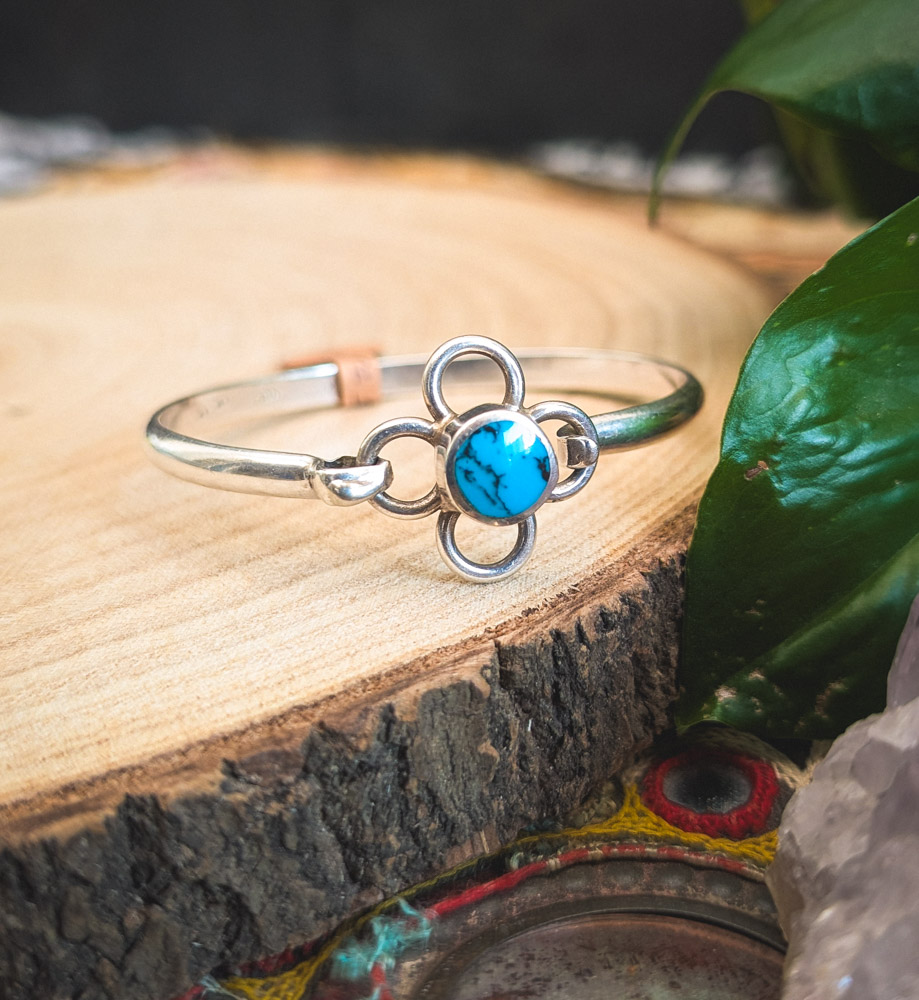 Vintage Mexican Turquoise Flower Bangle - Image 2