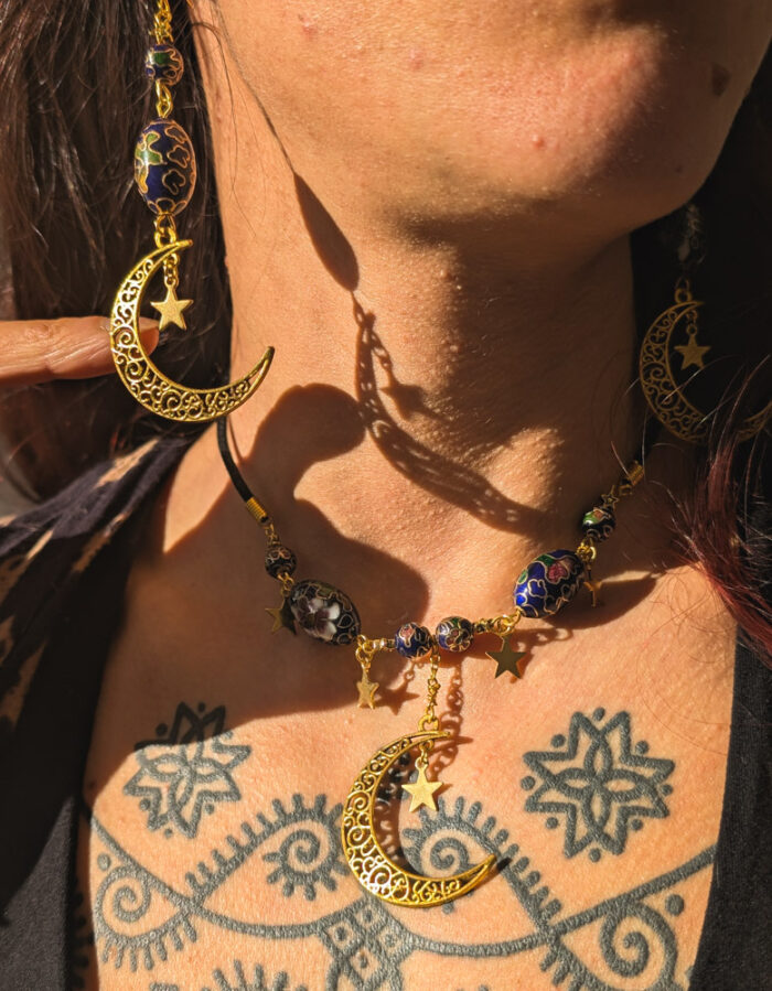 Cloisonne Moon Earrings & Choker Set
