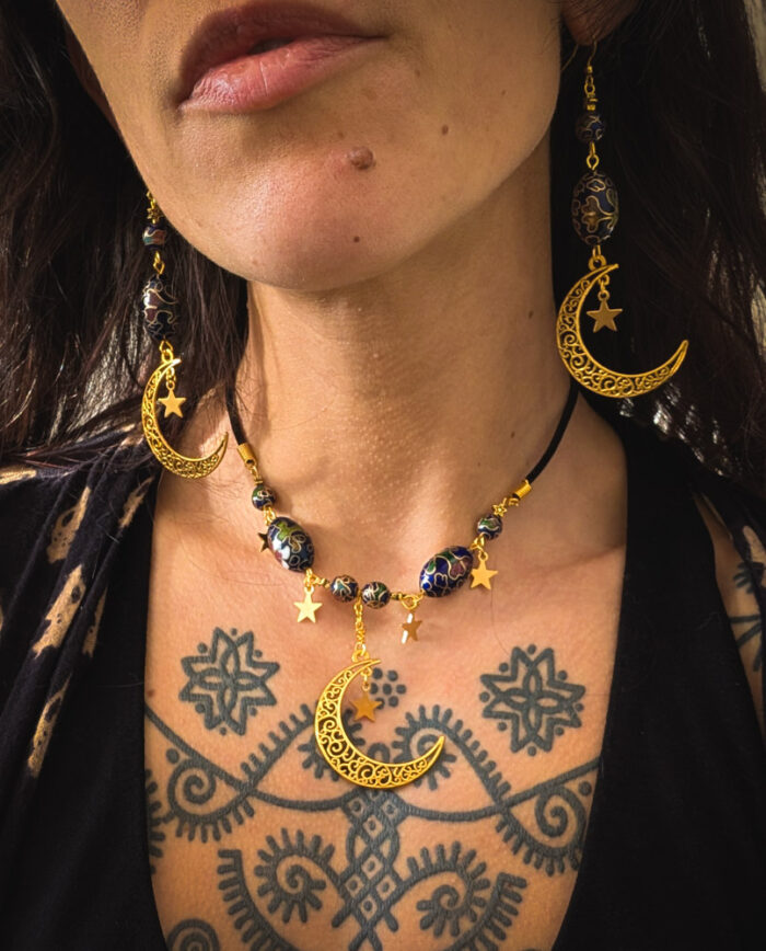 Cloisonne Moon Earrings & Choker Set - Image 4