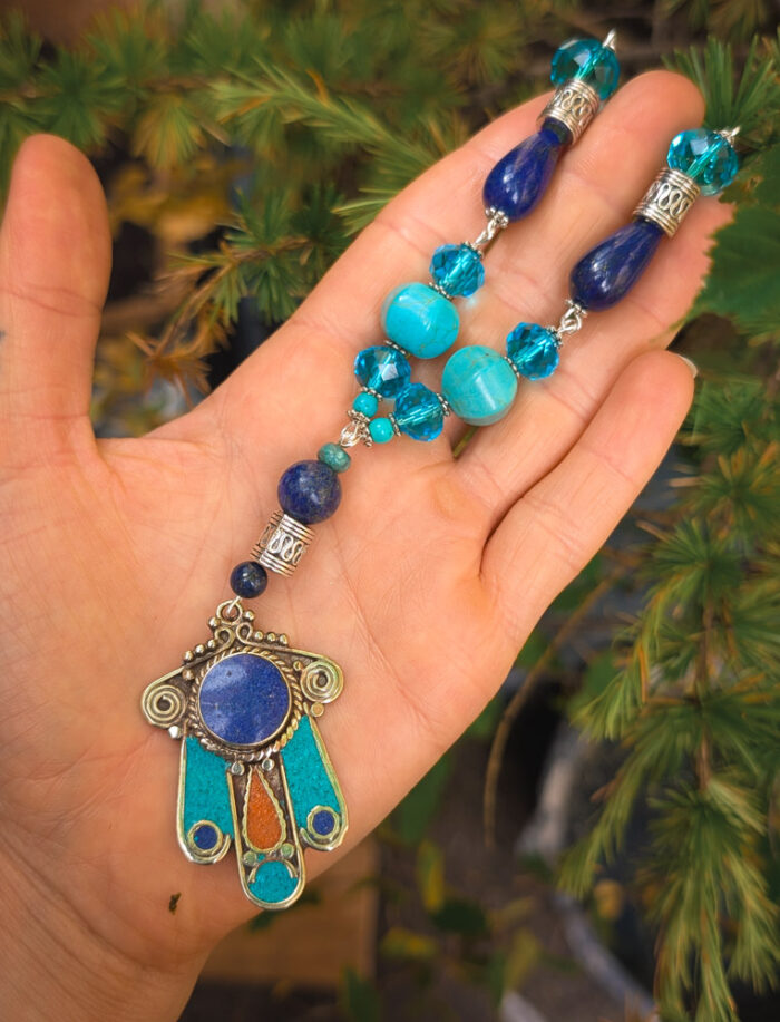 Blue Hamsa Gemstone Necklace - Image 2