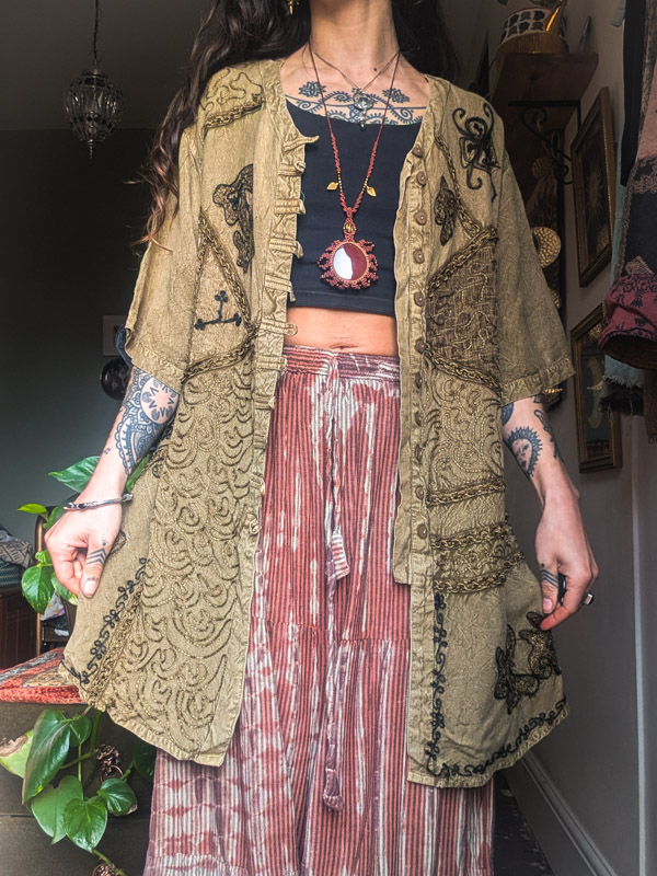 Vintage Khaki Embroidered Top