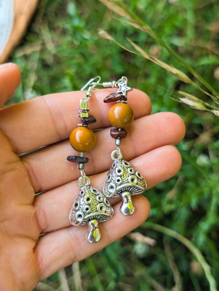 Upcycled Gemstone Mushroom Earrings - Image 5