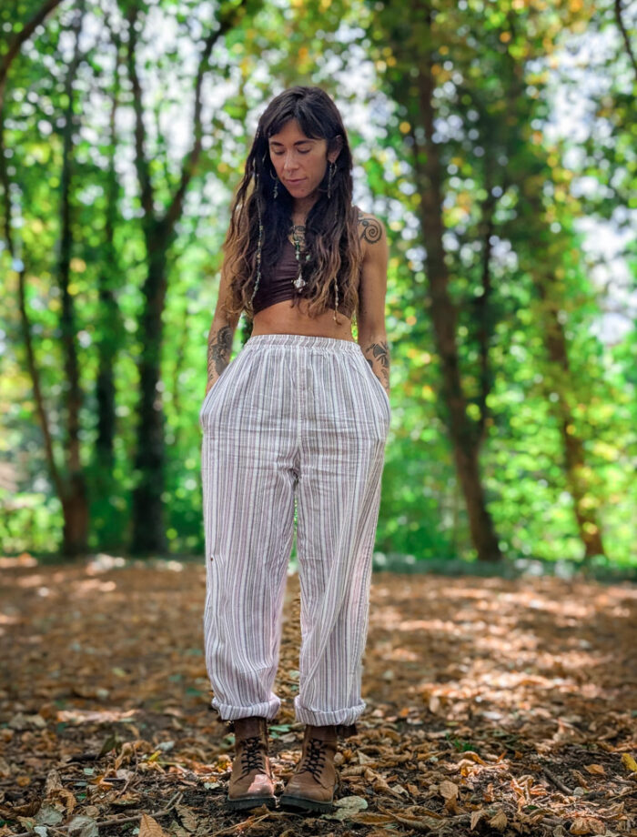 Off White Striped Cotton Trousers - Image 5