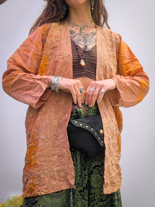 Orange Floral Embroidered Silk Robe