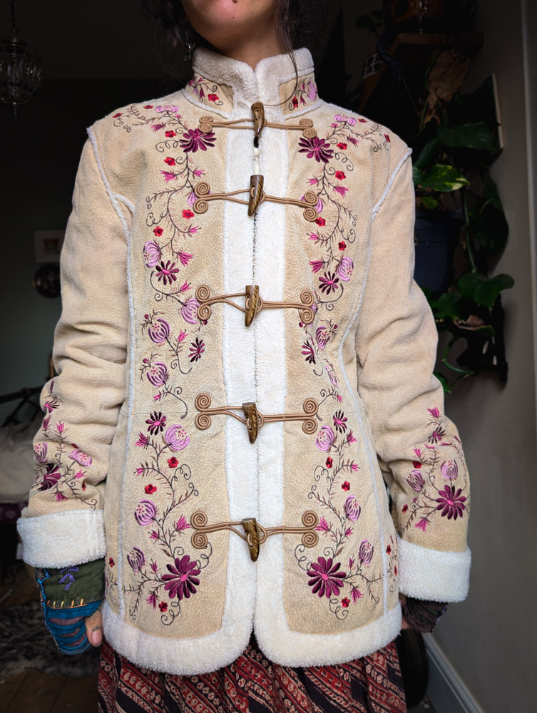 Vintage Penny Lane Style Embroidered Suede Coat
