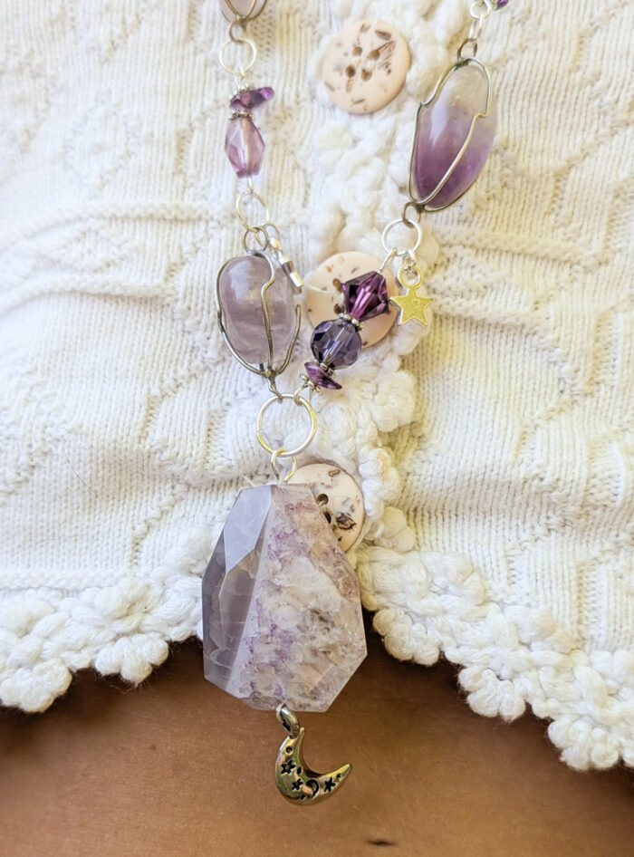 Upcycled Purple Gemstone Moon Necklace - Image 4