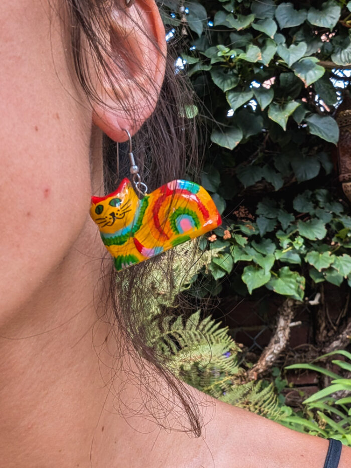 Painted Wooden Cat Earrings - Image 3