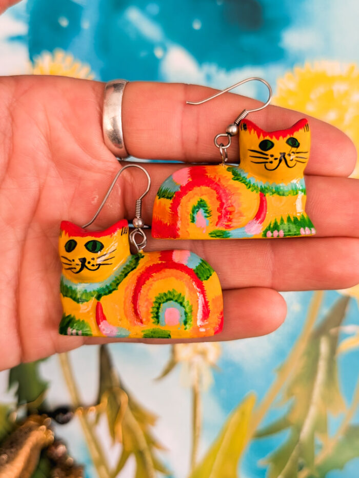 Painted Wooden Cat Earrings