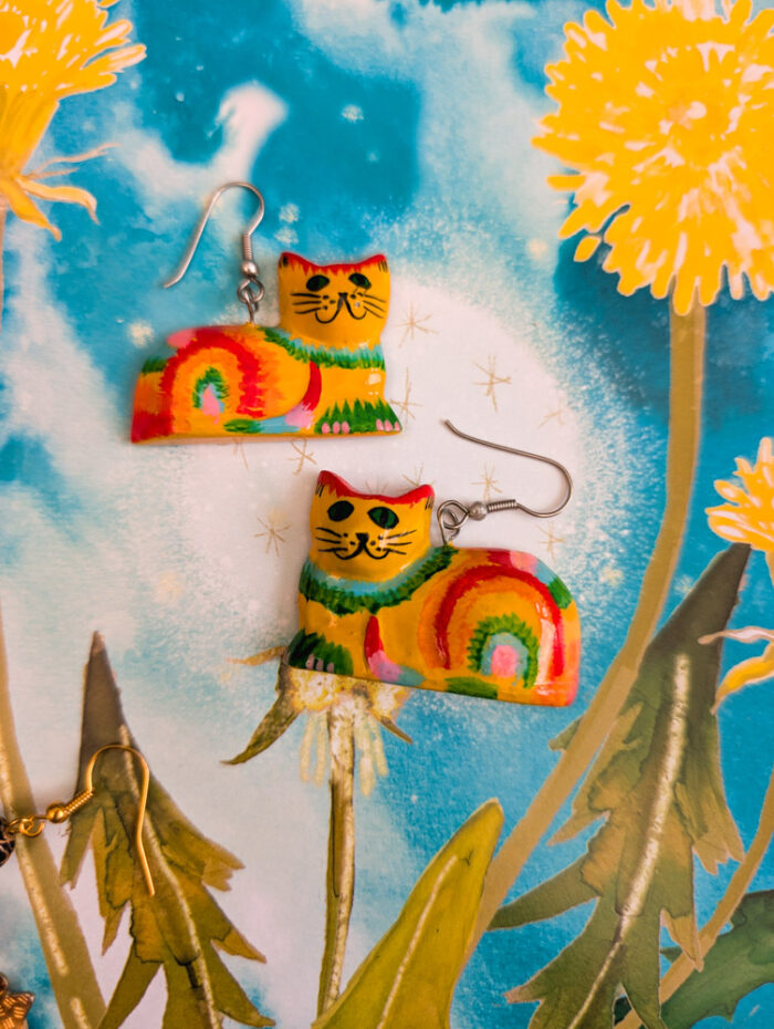 Painted Wooden Cat Earrings - Image 7