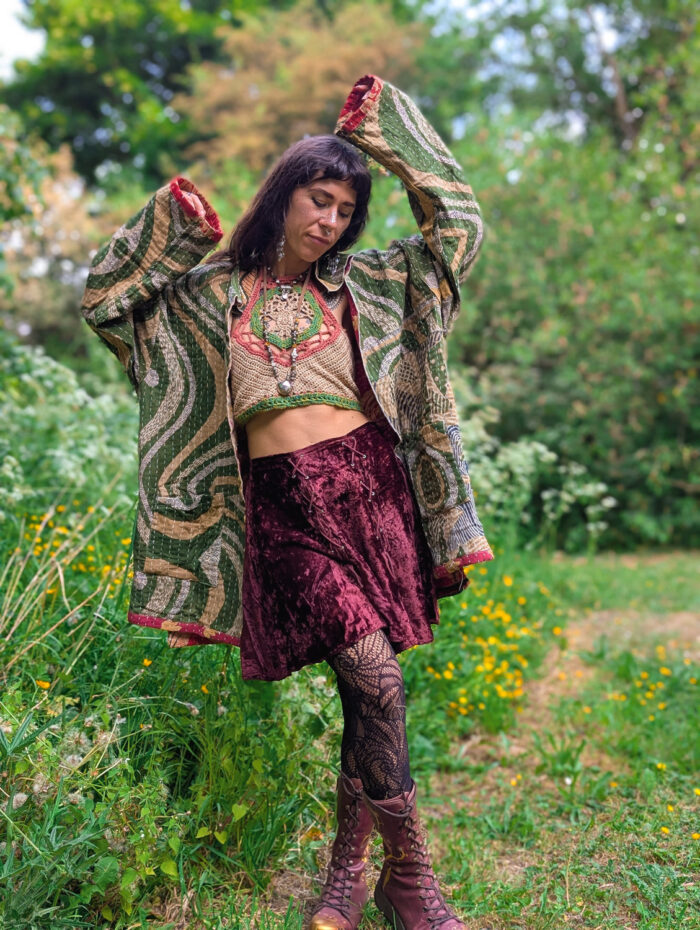 Reversible Green & Red Kantha Stitch Jacket - Image 3