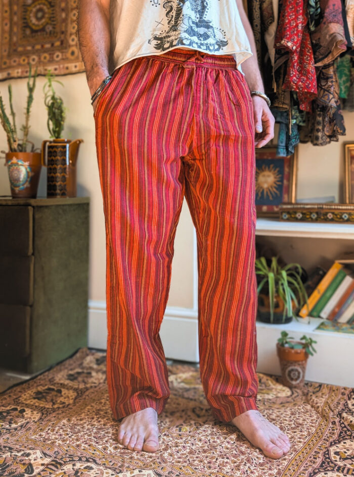 Red Stonewashed Striped Drawstring Trousers - Image 2