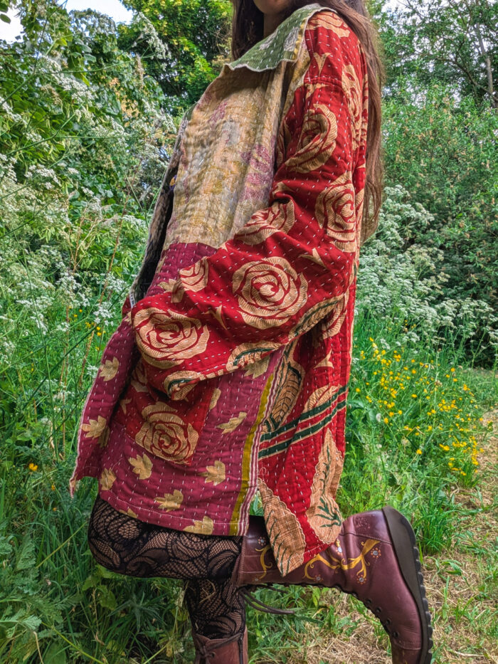 Reversible Green & Red Kantha Stitch Jacket - Image 9
