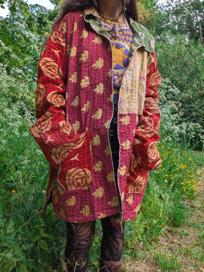 Reversible Green & Red Kantha Stitch Jacket - Image 2