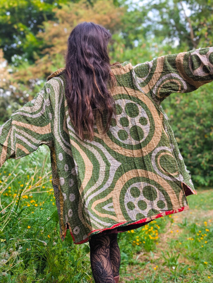 Reversible Green & Red Kantha Stitch Jacket - Image 5